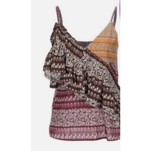 WEILI ZHENG Camisole Top Diagonal Ruffle‎ "Patchwork" Brown Red Gold V-Neck SZ S